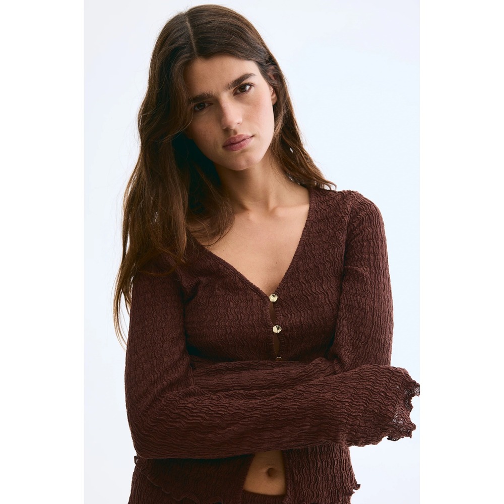 HM Womens Textured Crinkle Cardigan Top Brown Gold Button V-Neck Large 1283685-1